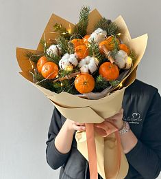 Фруктовый букет "Midnight Mirage" из мандарин, хлопка и нобилиса