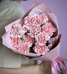 Букет из 11 нежных розовых гвоздик  в лаконичном оформлении