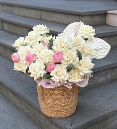 Букет "Скарлетт" из роз, ранункулюсов и антуриума в кашпо