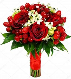 Букет невесты "Испанская мелодия" из роз, гипперикума и орнитагалума 